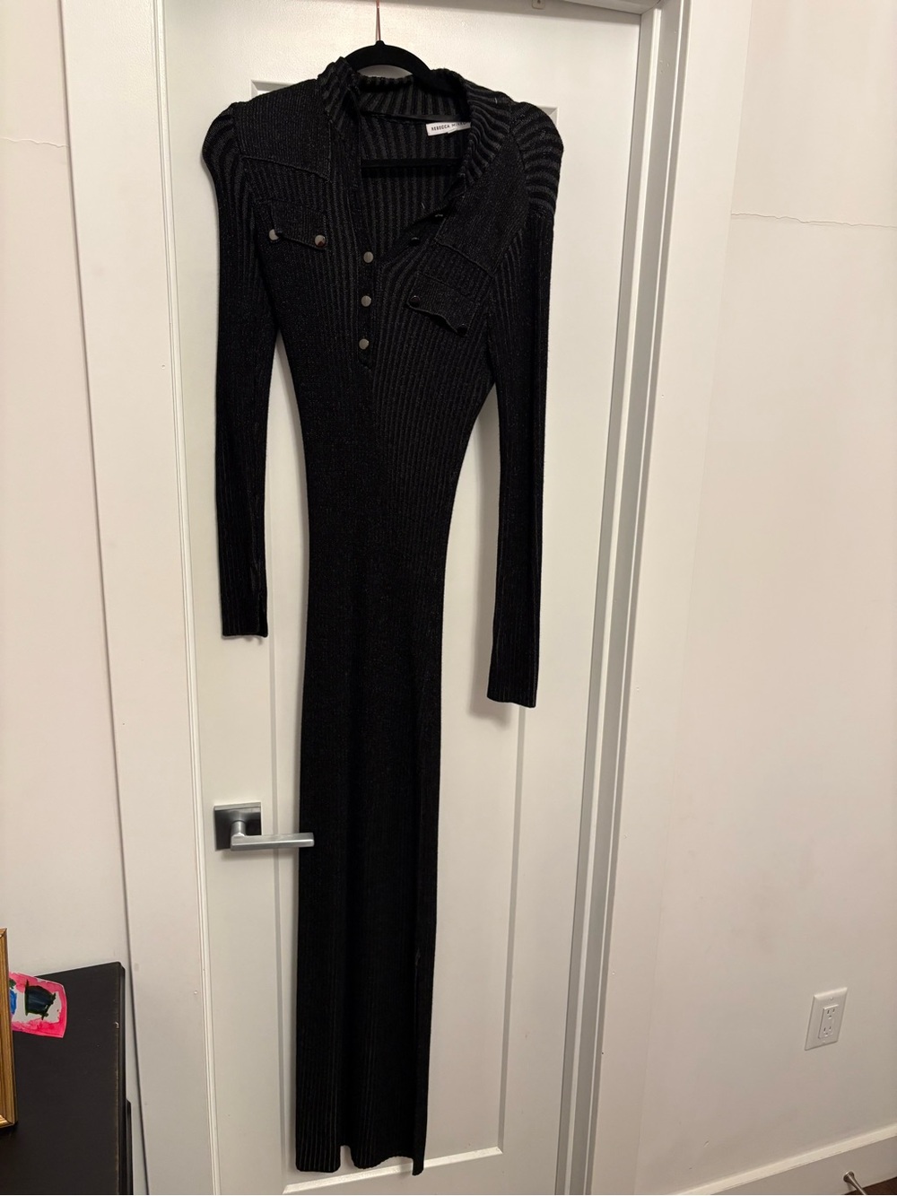 Rebecca Minkoff Black Ribbed Long-Sleeve Maxi Dress with Side Slit - Picture 2 of 4